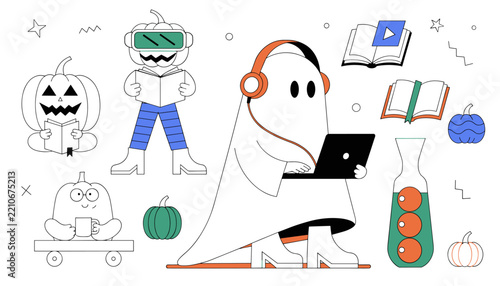 Happy Halloween Day cute ghost character using laptop and wearing headphones with pumpkin friends.