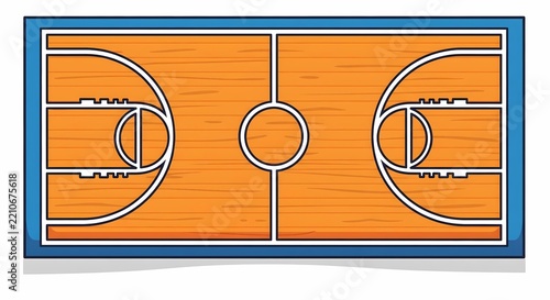 Top view illustration of a basketball court with blue frame and hardwood texture. Ideal for sports themes, game planning, and athletic competitions