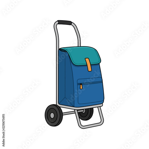Blue shopping trolley bag with handle and wheels on white background.