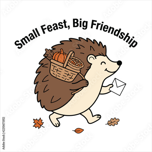 Cute hedgehog holding letter and carrying basket with autumn pumpkin and pie with autumn leaves on white background vector illustration