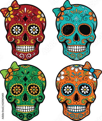 Set of four colorful Day of the Dead sugar skulls vector illustration decorated with floral patterns and bows for Dia de los Muertos.