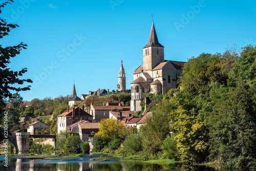 view of  the Notre Dame Church Montmorillon from the Gartempe River Western France