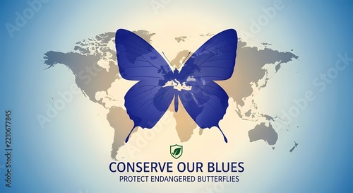 Blue Butterfly Silhouette Over Global Map for Environmental Conservation and Biodiversity Protection Awareness Campaign