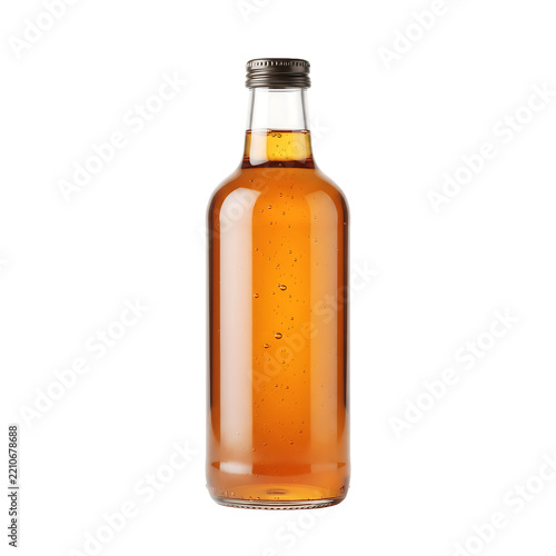 Glass bottle with amber liquid isolated on a transparent background for beverage branding