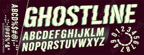 Grunge alphabet with ribbed glass effect, postmodern brutalist aesthetic font. Distorted vertical line typography, bold letters and numbers with optical distortion texture, refracted glass vector font