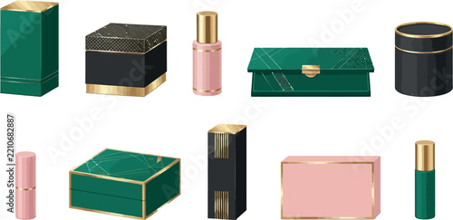 Luxury Cosmetic Packaging Vector Set with Emerald Green, Pink, and Marble Boxes and Bottles for Premium Beauty Branding and Product Label Designs