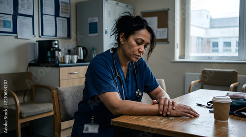 Exhausted nurse sitting at a breakroom table. Tired healthcare professional taking a break in a hospital staff room