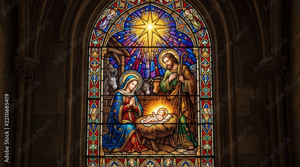 Fototapeta premium Stained glass Nativity scene with baby Jesus, Mary and Joseph beneath the Star of Bethlehem. Christian Christmas tradition and Catholic worship. Biblical birth of Christ. Church window art.
