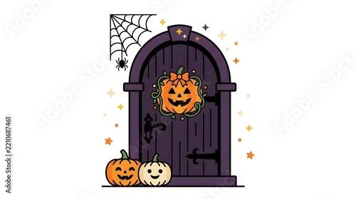 Spooky purple arched gothic door decorated with halloween pumpkin wreath spider web pumpkins