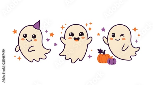 Happy flying ghost illustrations with witch hat and small pumpkins for halloween design