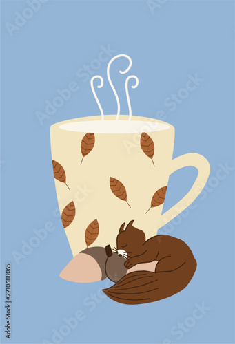 A cup of tea with a squirrel dormency with acorns - Autumn concept
