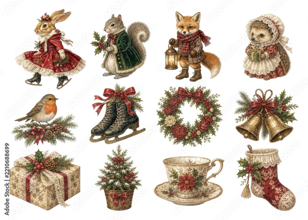 Obraz premium PNG Vintage Christmas woodland animals and festive holiday decor set