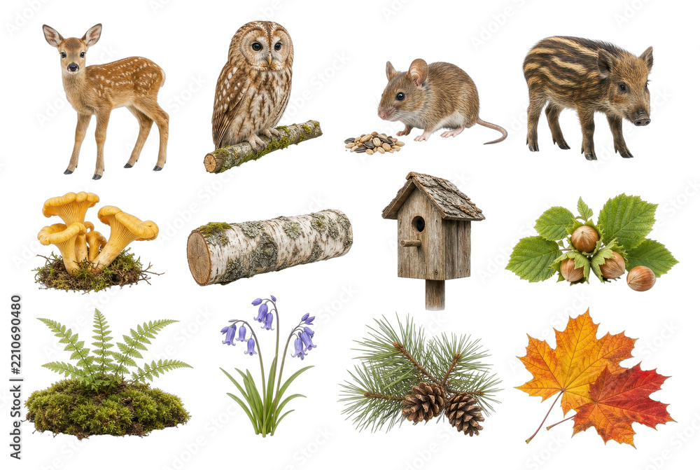 Obraz premium PNG Autumn forest animals, mushrooms, plants, and natural elements