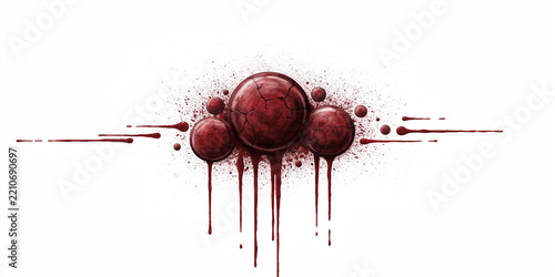 Three dark red spheres with cracked textures and dripping liquid paint splatters on white background