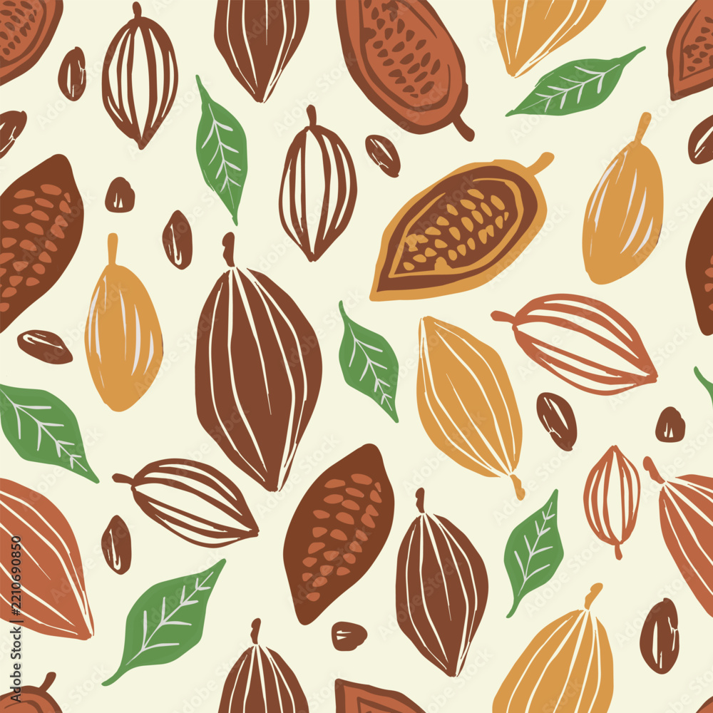 Fototapeta premium Hand Drawn Cocoa Beans and Pods Seamless Pattern Vector