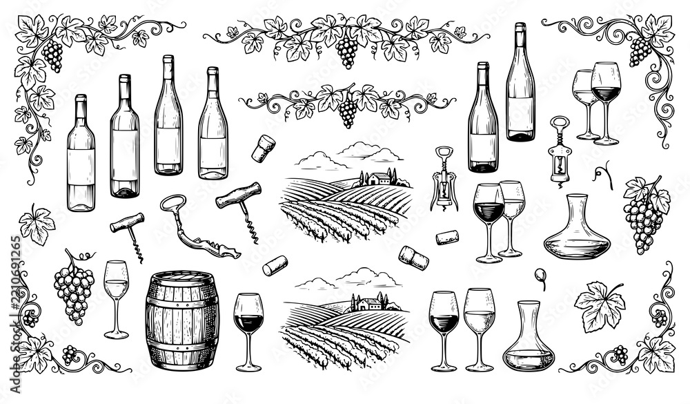Fototapeta premium Elegant Wine Menu Vineyard Grape Bottle Glass and Barrel Sketch Collection