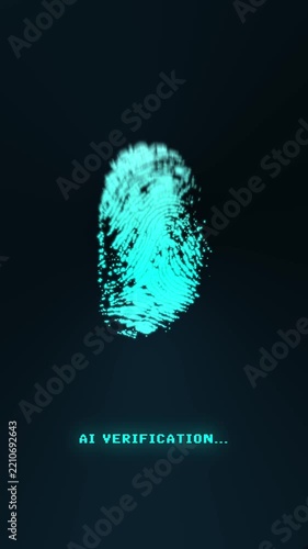 Vertical Artificial intelligence verification system with blue biometric scan on black background loop