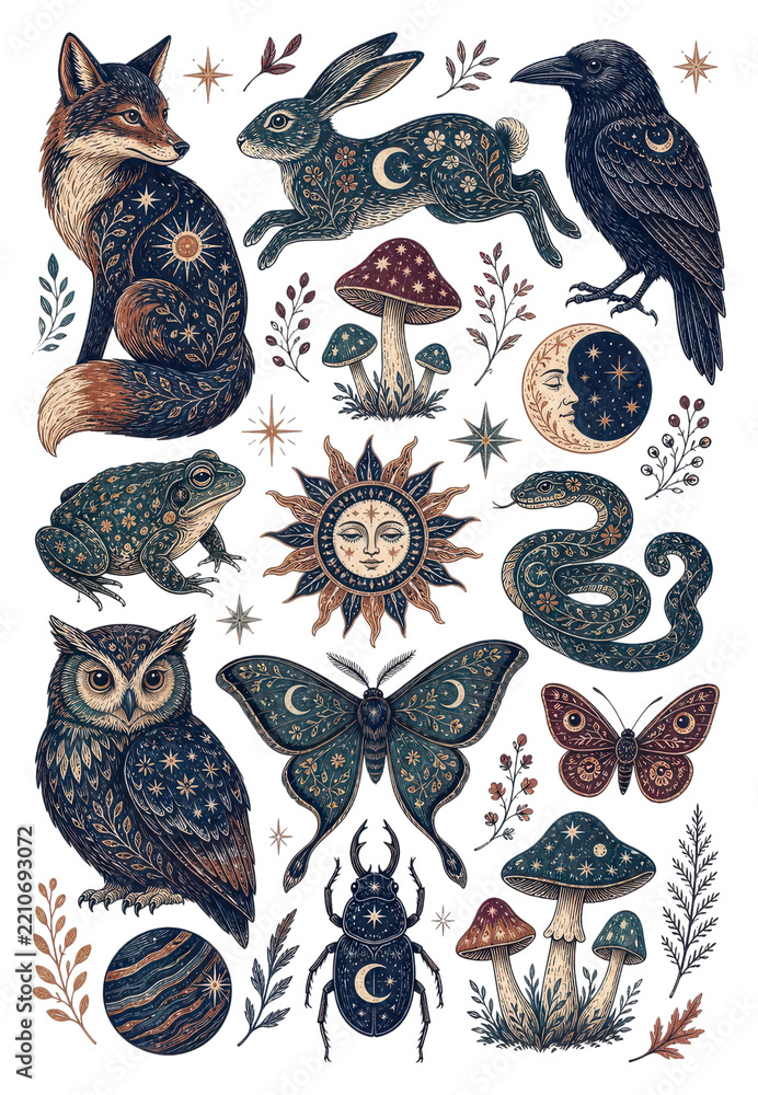 Obraz premium Bohemian celestial animal and nature sticker set PNG transparent background
