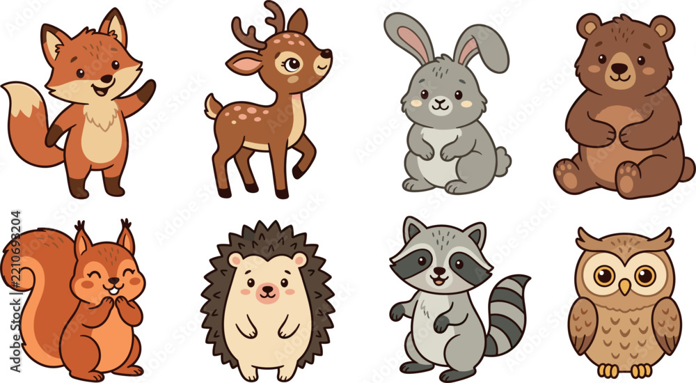 Fototapeta premium Cute Woodland Animals Sticker Set with Baby Fox, Deer, Bunny, Bear, Squirrel, Hedgehog, Raccoon, and Owl Characters for Kids and Children Design Projects