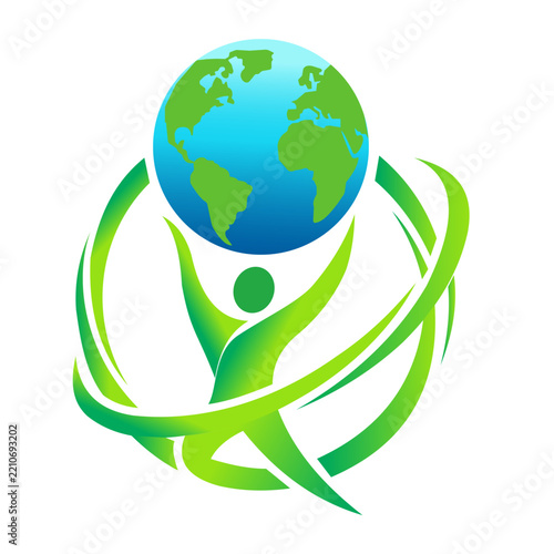 Eco Global Community Vector Logo Template featuring Abstract Green Human Figure Holding Globe Earth Concept Isolated on White Background. Resizable and editable, EPS 10.