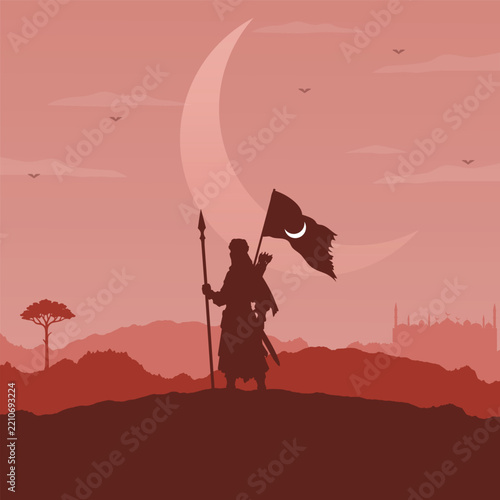 Muslim Warrior Silhouette Holding Flag Under Crescent Moon