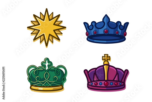 Epiphany Three Kings Royal Crowns and Star of Bethlehem Vector Icon Set
