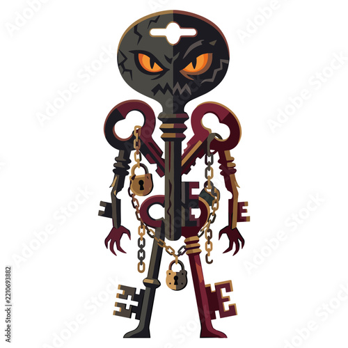 Obraz na plátně Dark fantasy key monster vector illustration, evil skeleton key creature entwine