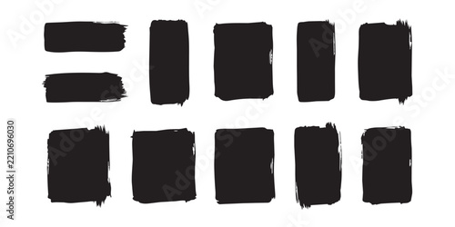 Black Ink Brush Stroke Frames Set, Grunge Rectangle Text Box Elements Vector Isolated on White Background