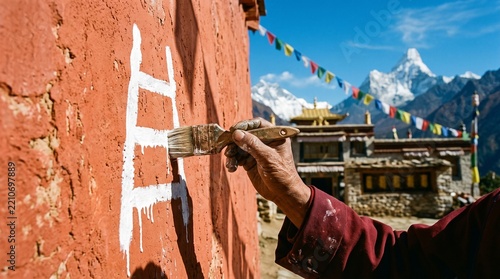 Painting White Ladder Symbol on Monastery Wall for Lhabab Duchen Festival