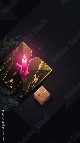 Candle Burning on Decorative Tray with Gift Box and Pine Branches