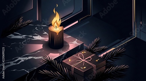 Candle Burning on Dark Marble with Gift Box and Pine Branches