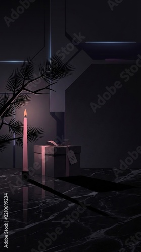 Candle Lighting Gift Box and Pine Branch in Dark Moody Room