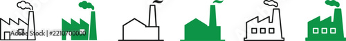 A set of green icons representing factory and manufacturing industrial building structures