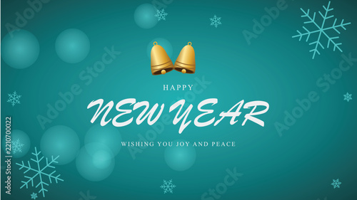 Teal New Year greeting card banner with gold bells and snowflakes