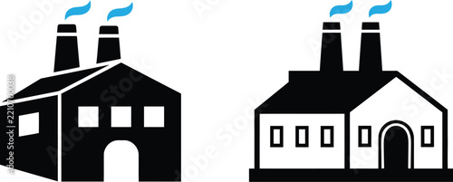 Simple black icon set representing factory and manufacturing industrial building facility concepts