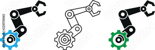 Three robotic arms representing factory and manufacturing automation processes on white background