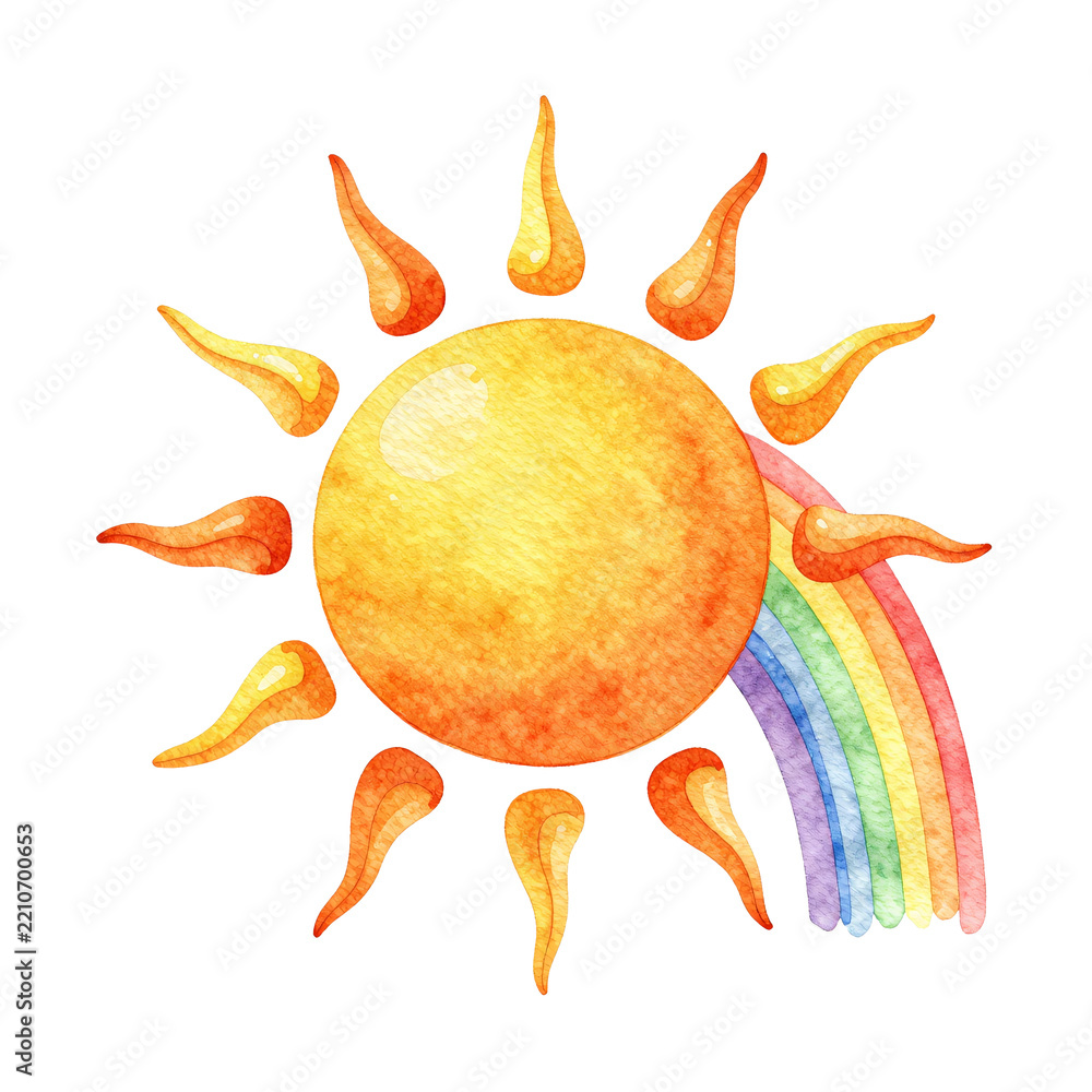 Obraz premium Watercolor sun with colorful rainbow rays on a white background