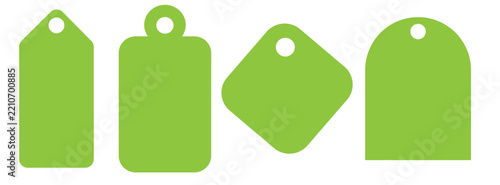 Set of four green blank label tags with holes for hanging