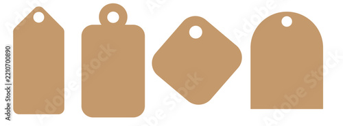 Set of four different shaped blank brown cardboard price tags isolated on white background