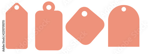Set of four blank salmon pink price tags with different shapes and holes for hanging isolated on white