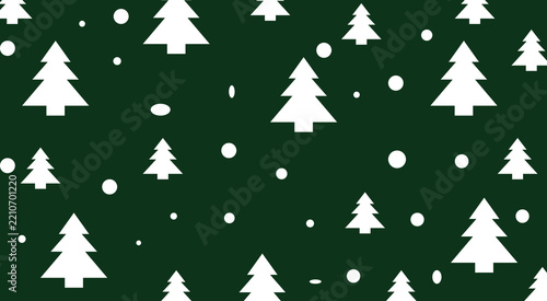 Seamless christmas pattern featuring white pine trees and falling snow on a dark green background