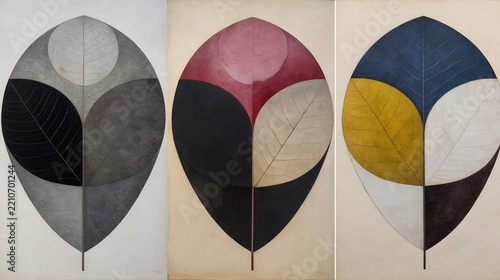 transformed into overlapping abstract shapes, sage green, dusty pink, cream, and muted yellow, organic curves