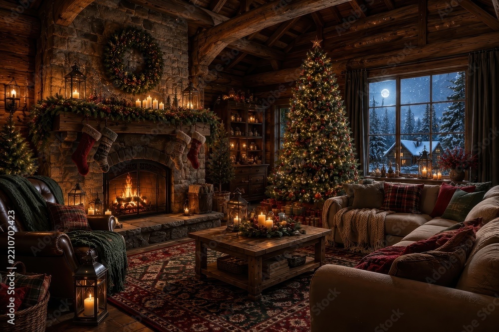 Obraz premium Cozy rustic Christmas living room with fireplace and tree