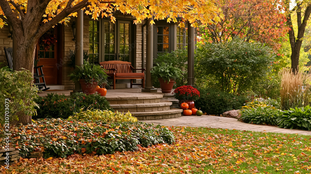 Fototapeta premium Traditional house front porch decorated for autumn with pumpkins and chrysanthemums, surrounded by vibrant fall trees