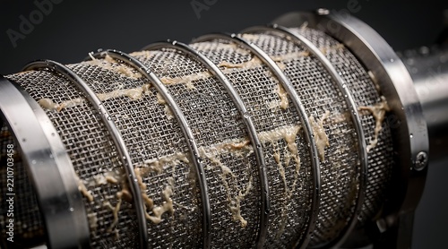 Industrial stainless steel cylindrical mesh filter screen used in food processing or wastewater treatment showing organic residue and water droplets in a factory setting