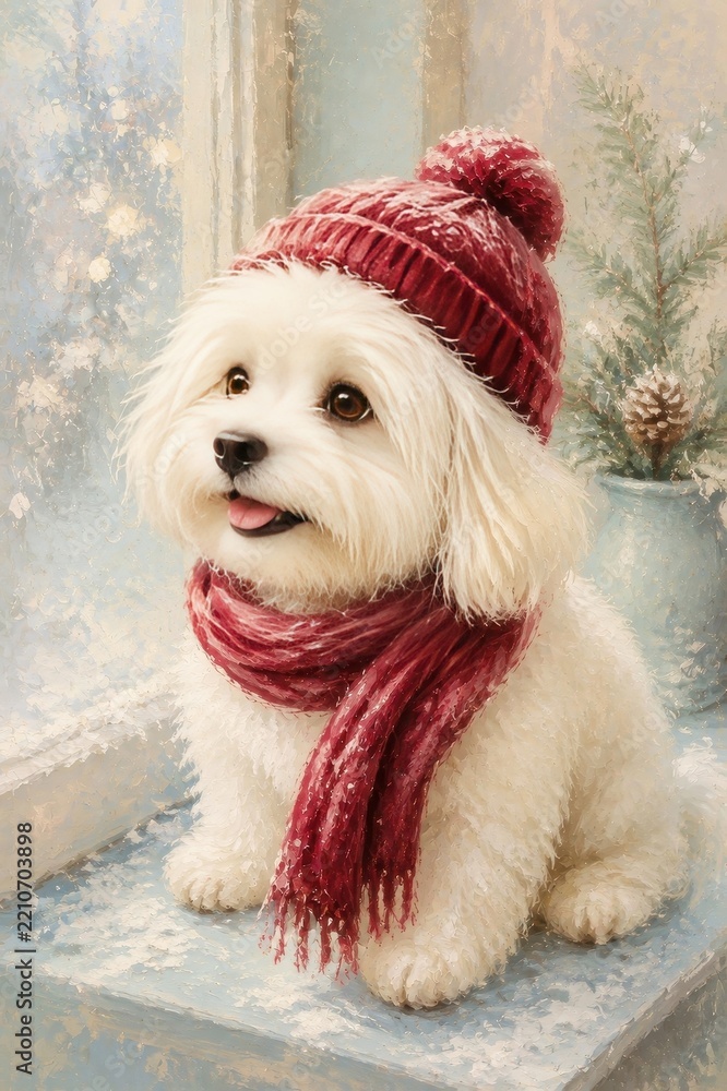 Obraz premium White fluffy dog wearing red knit hat and scarf in snowy scene