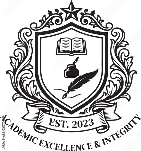 Academic excellence and integrity crest with book inkwell and feather quill.