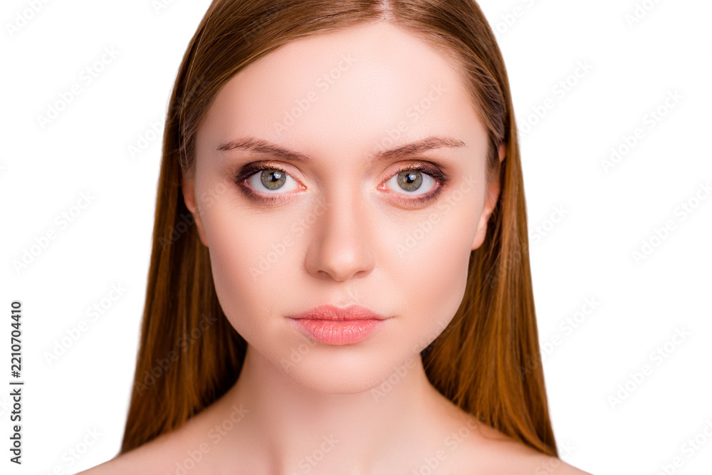 Fototapeta premium Close up portrait of charming pretty attractive stunning gorgeous delicate sensitive sensual tender gentle with flawless smooth skin perfect face features isolated on gray background