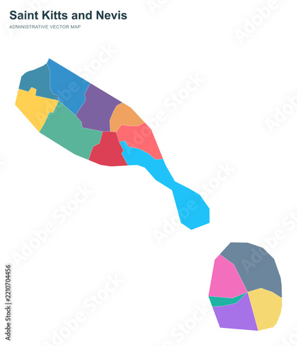 Saint Kitts and Nevis administrative vector map with colorful parish areas.