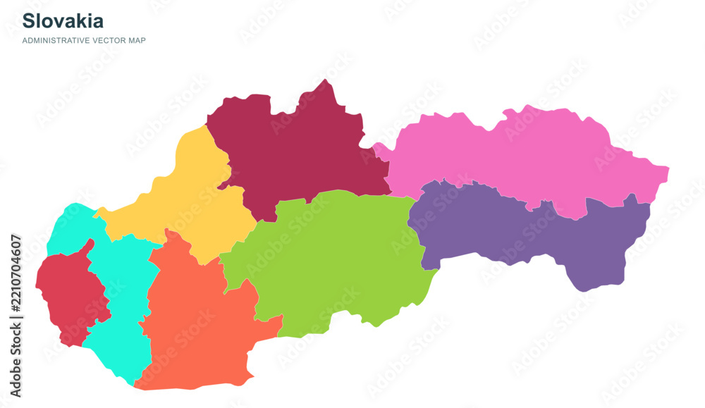 Fototapeta premium Slovakia administrative vector map showcasing colorful regional districts.